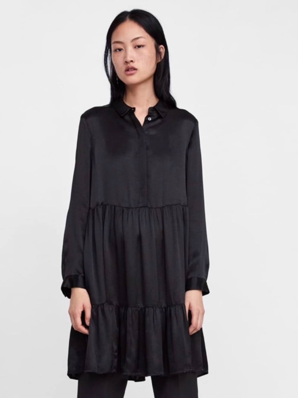 Zara Black Long-Sleeve Tiered Shirt Dress